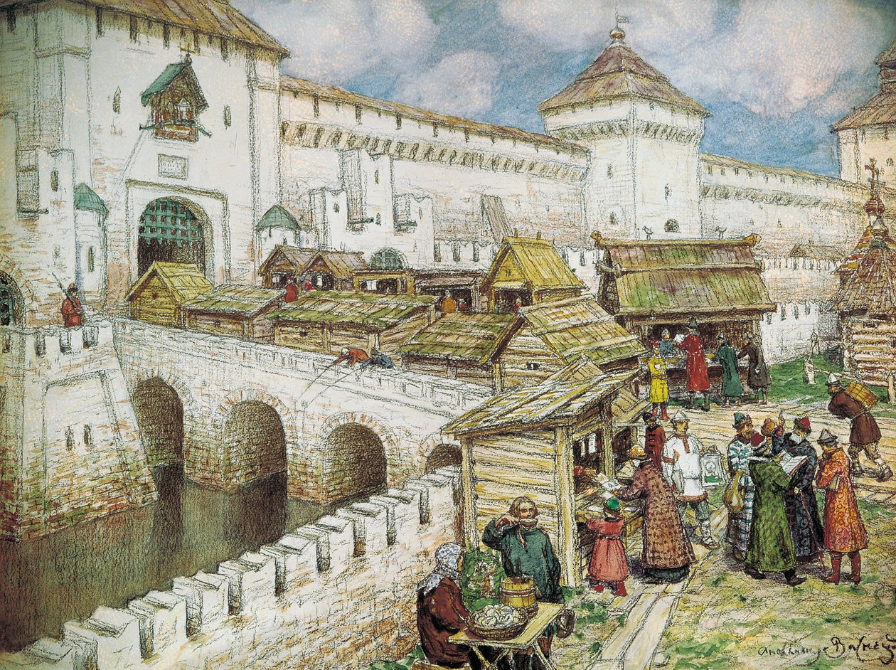 السابع عشر مكتبات الكتب على جسر Spassky في القرن 17 بواسطة Apollinari Mikhailovich Vasnetsov