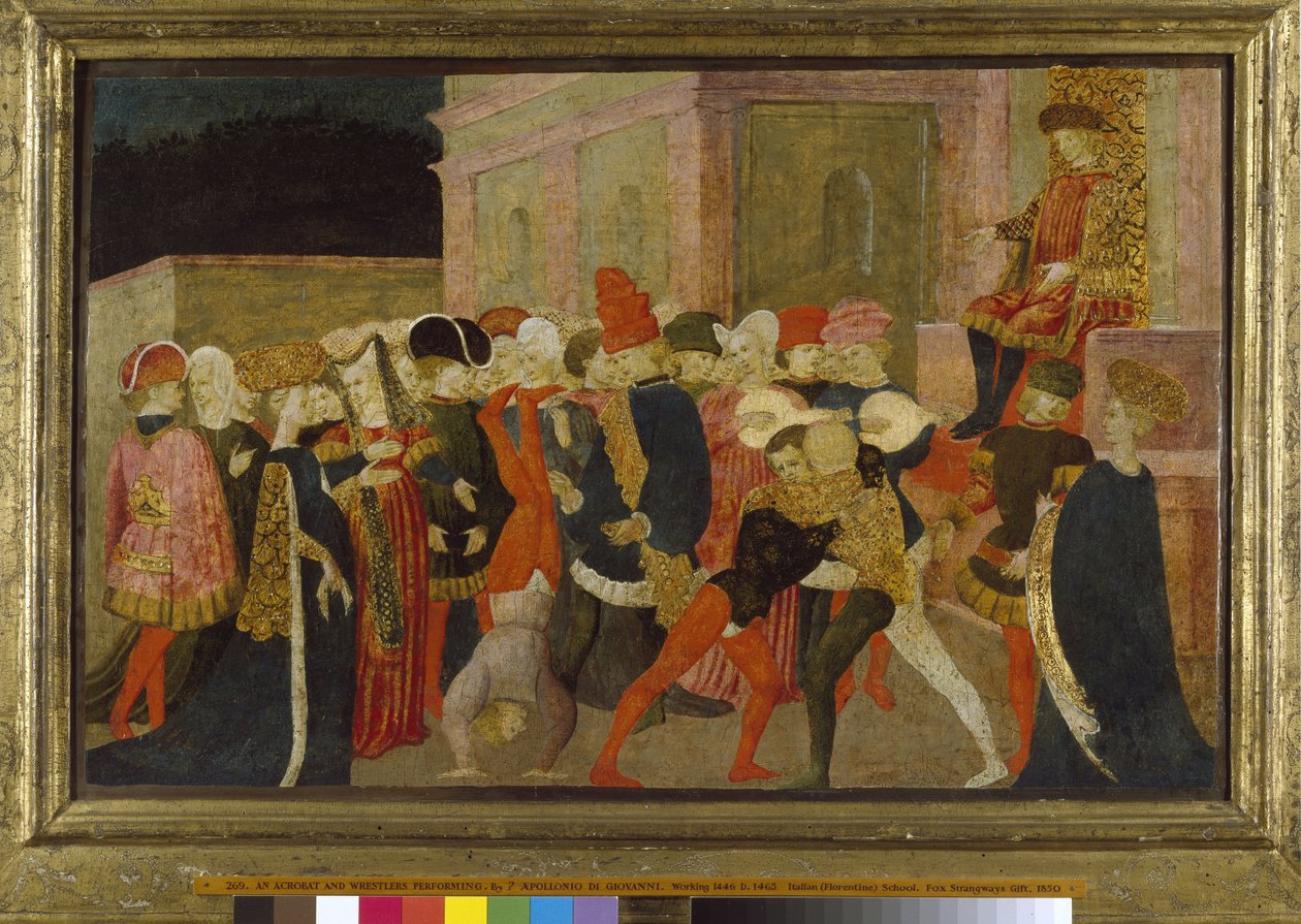أداء أكروبات ومصارعون ، القرن الخامس عشر (درجة الحرارة على اللوحة) بواسطة Apollonio di Giovanni di Tommaso