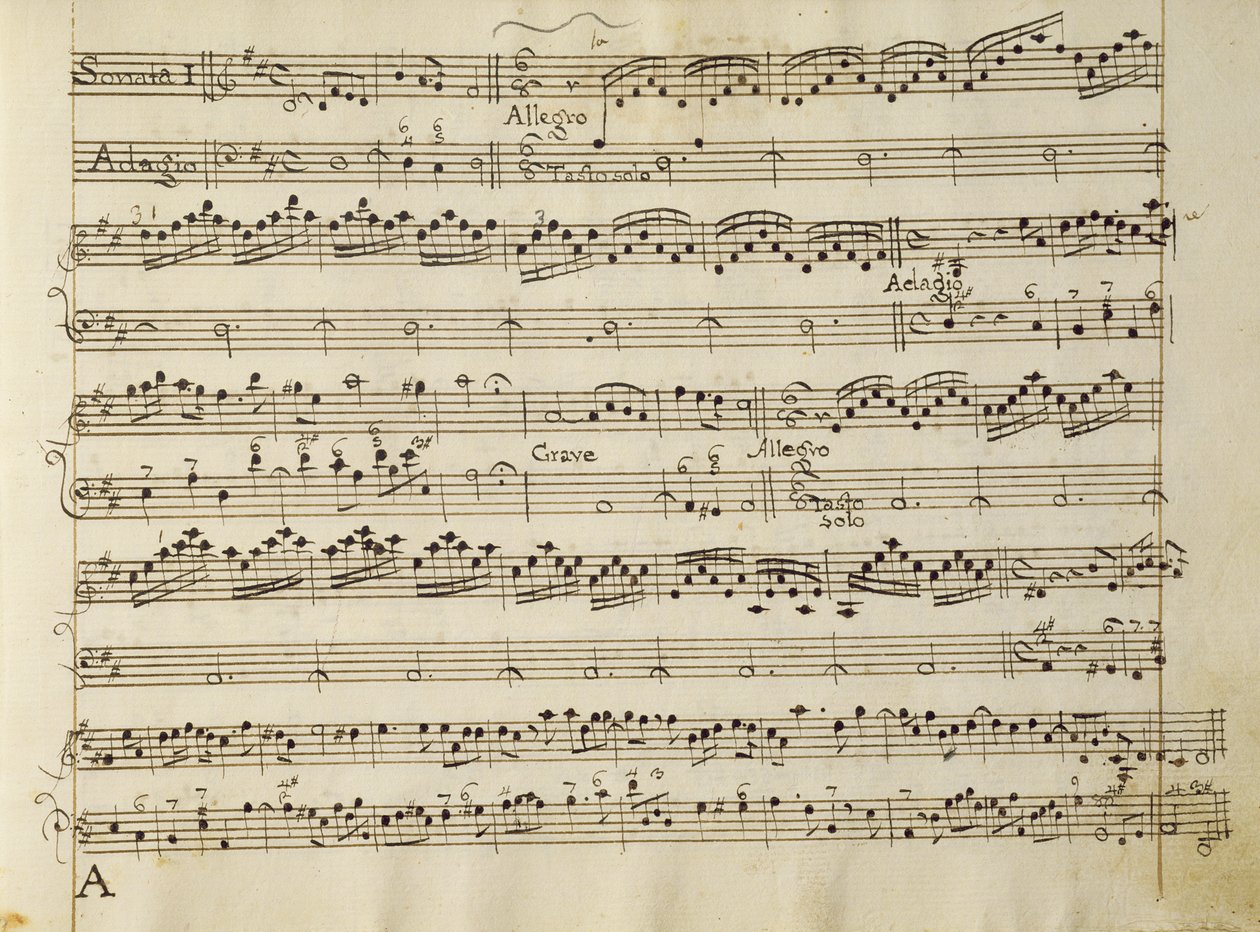 صفحة مخطوطة من نتيجة Opus V ، "Sonata for violin و violone و harpsichord" بواسطة أركانجيلو كوريلي