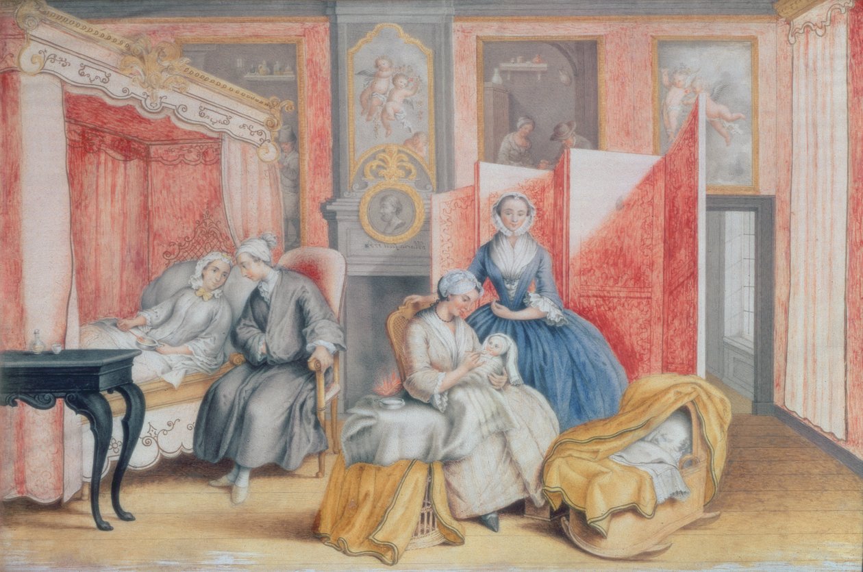 جوزيف الثاني (1741-1790) عند سرير زوجته إيزابيلا من بارما بعد ولادة ابنتهما ماريا تيريزا (1762-1770) ، 1762 (الغواش) بواسطة عمدة النمسا ماريا كريستين
