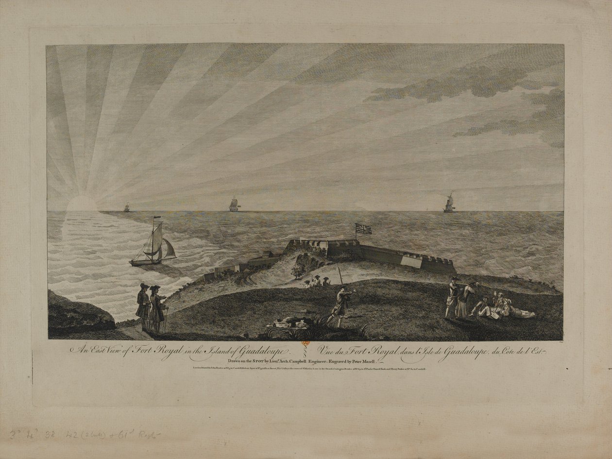 المنظر الشرقي لقلعة رويال في جزيرة جوادلوب ، نقشها بيتر مازيل (fl.1761-97) نشرت c.1759 بواسطة أرشيبالد كامبل