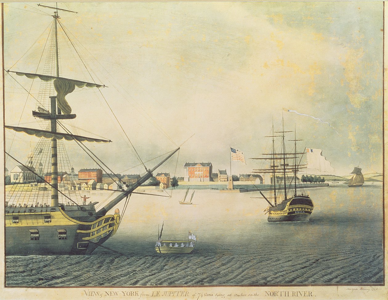 منظر لنيويورك من `` لو جوبيتر &39;&39; لـ 74 بندقية ملقاة على مرساة في نهر الشمال ، 1794 بواسطة أرشيبالد روبرتسون