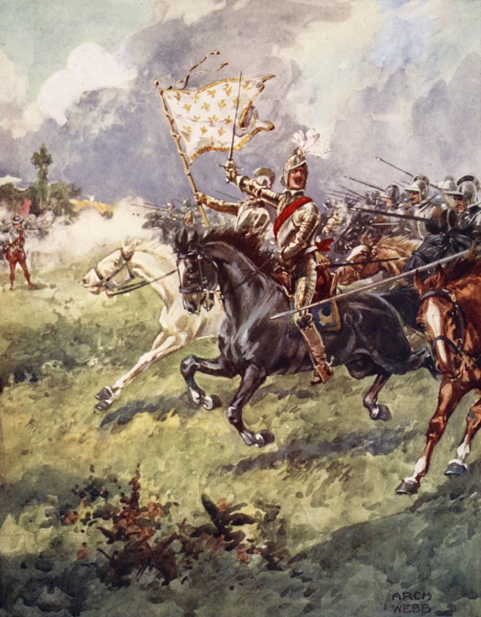 يضغط ألف فارس على مسافة قريبة خلف قمة الثلج الأبيض ، من Ballads of Famous Fights ، First Edition ، 1920 بواسطة أرشيبالد ويب