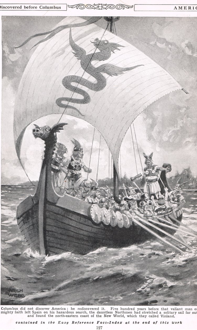 اكتشفت أمريكا قبل كولومبوس ، رسم توضيحي من كتاب نيوزن للمعرفة المصورة ، ج 1920 بواسطة أرشيبالد ويب