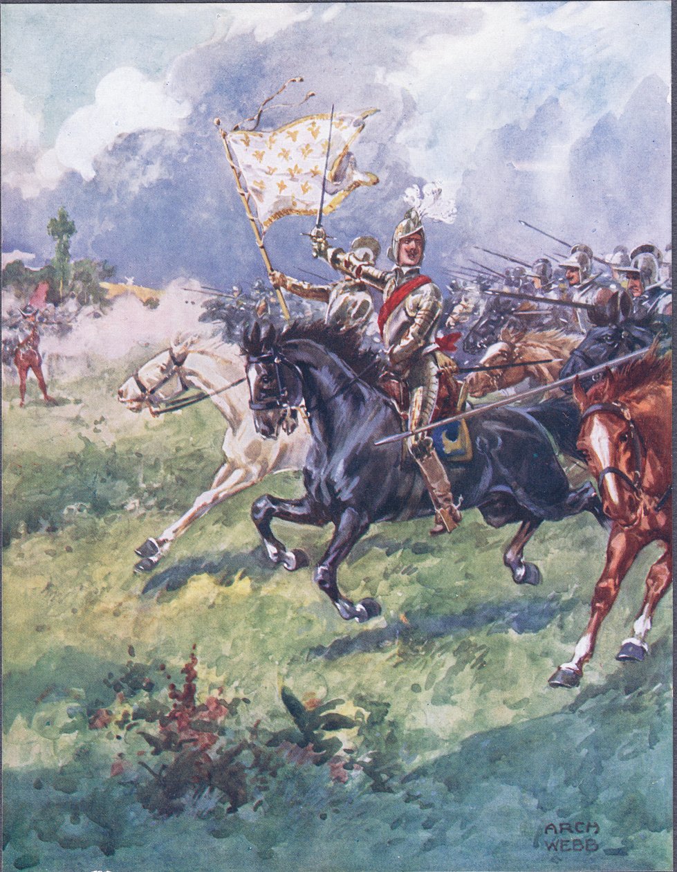 ألف الفارس يضغطون خلفهم ، التوضيح من Ballads of Famous Fights ، c.1900 بواسطة أرشيبالد ويب