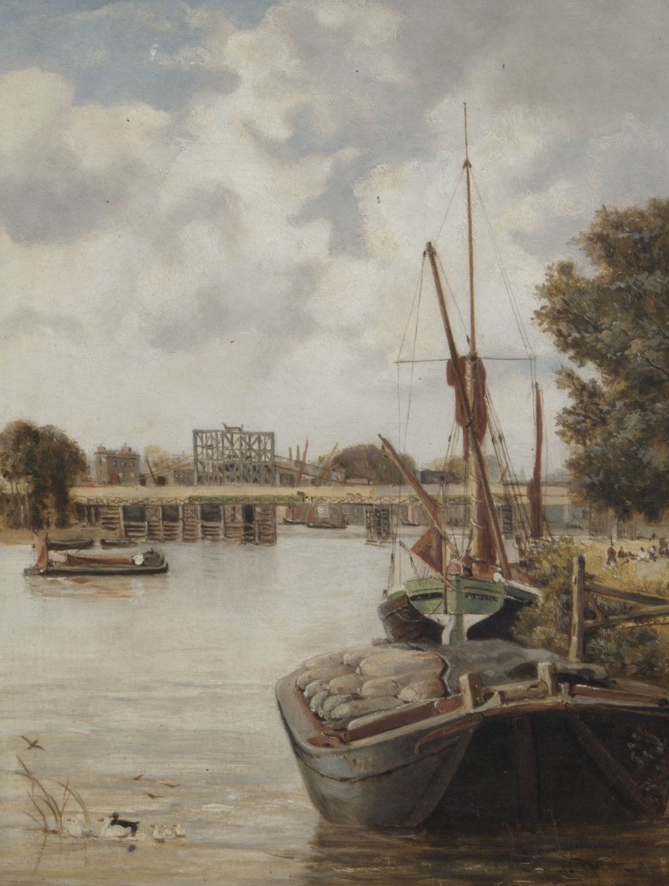 جسر هامرسميث الحالي قيد الإنشاء يظهر الجسر المؤقت ، 1886 بواسطة أرشيبالد ويب