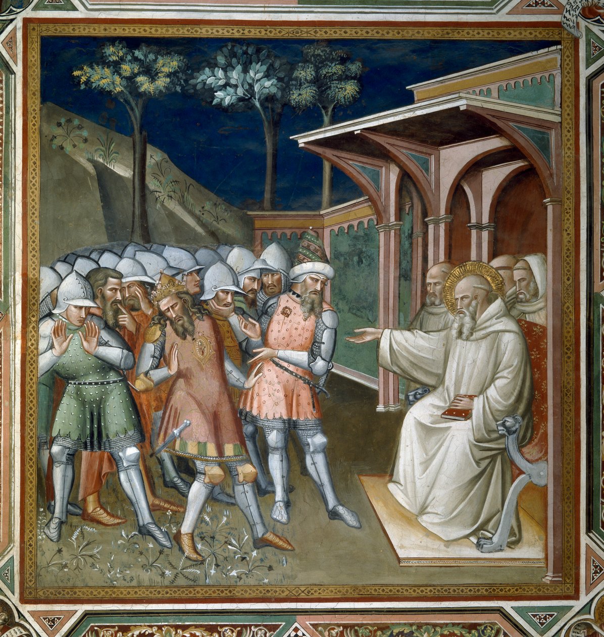 القديس يكتشف خدعة توتيلا ، ملك القوط الشرقيين ، التفاصيل من حياة القديس بنديكت (c.480-c.550) ، في الكنيسة المقدسة ، 1387 بواسطة أريتينو لوكا سبينيلو أو سبينيللي