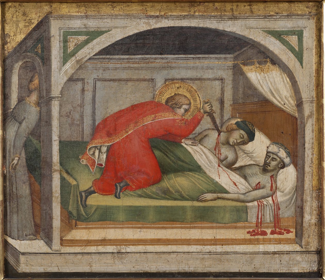 Julien l'hospitalier tue ses الوالدين - القديس جوليان بعد أن قتل والديه ، بقلم سبينيلو ، أريتينو (1350-1410). زيت على خشب. الأبعاد: 34x39 سم. المتحف الوطني ستوكهولم بواسطة أريتينو لوكا سبينيلو أو سبينيللي