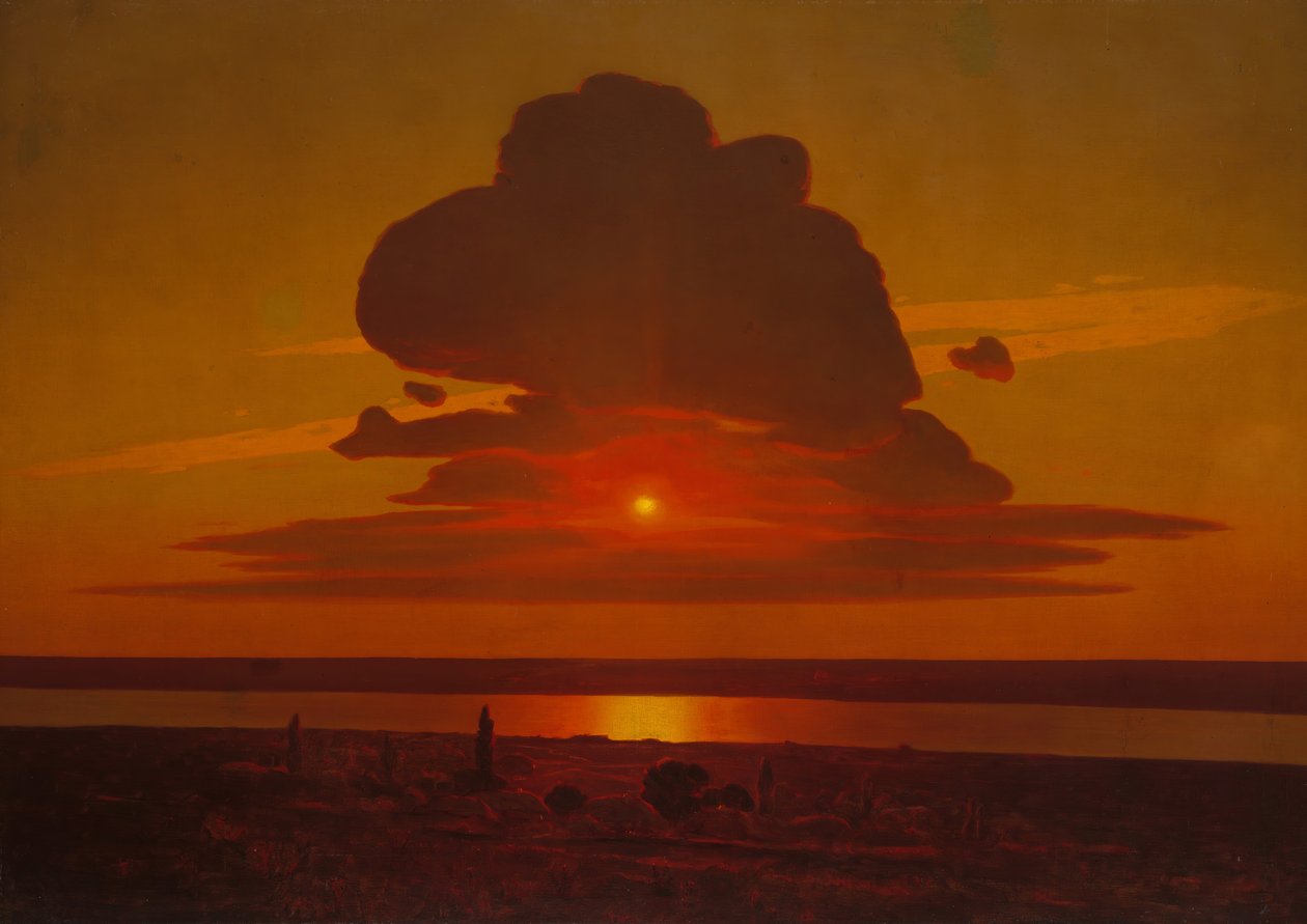 غروب الشمس الأحمر على نهر الدنيبر ، 1905-8. بواسطة Arkhip Ivanovich Kuindzhi