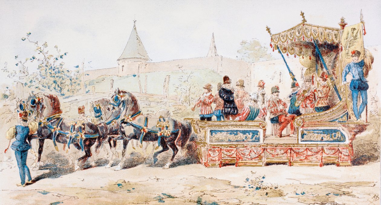 عربة مزينة بخيول تحمل موسيقيين محترفين ، القرن السادس عشر ، 1886 بواسطة أرماند جان هاينز