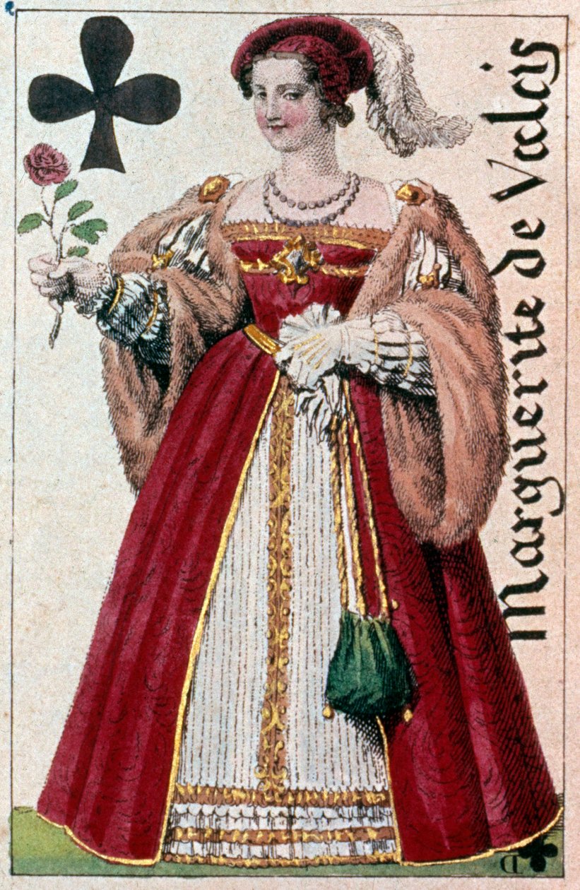 تمثيل مارغريت دي فالوا (1553 - 1615) المعروفة باسم الملكة مارغو. تفاصيل بطاقة لعب صنعها غوستاف هوبيغانت (1789-1862) في القرن التاسع عشر في باريس بي إن. بواسطة أرماند جوستاف هوبيجانت