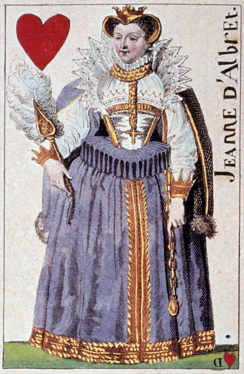 تمثيل الملكة جوان دي ألبريت (جوان الثالث ملك نافار) (1528-1572) والدة هنري الرابع (1553-1610). تفاصيل بطاقة لعب صنعها غوستاف هوبيغانت (1789-1862) في القرن التاسع عشر في باريس بي إن بواسطة أرماند جوستاف هوبيجانت