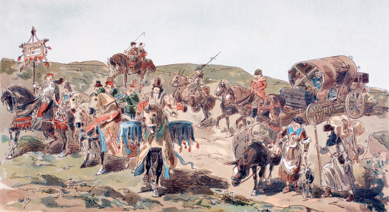 عربة تسافر مع مرافقة في القرن الخامس عشر ، 1886 بواسطة أرماند جان هاينز