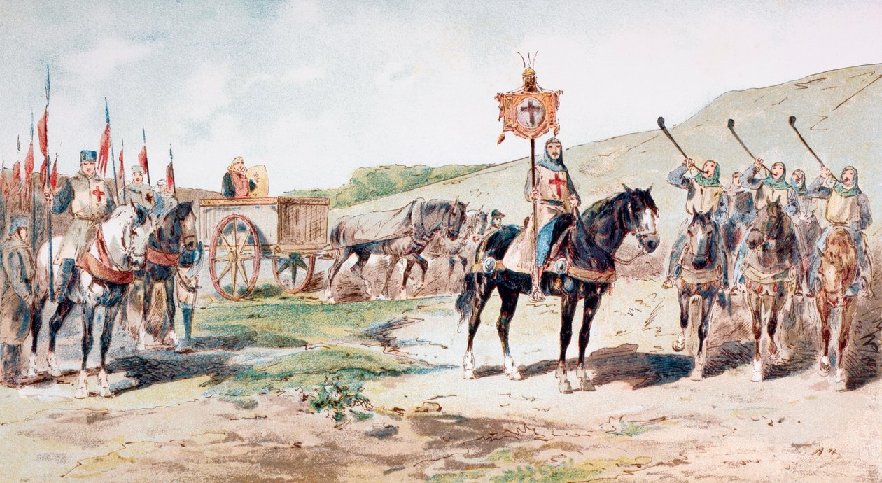 الصليبيون في المسيرة في القرن الحادي عشر مع عربة إمداد تجرها الخيول ، 1886 بواسطة أرماند جان هاينز