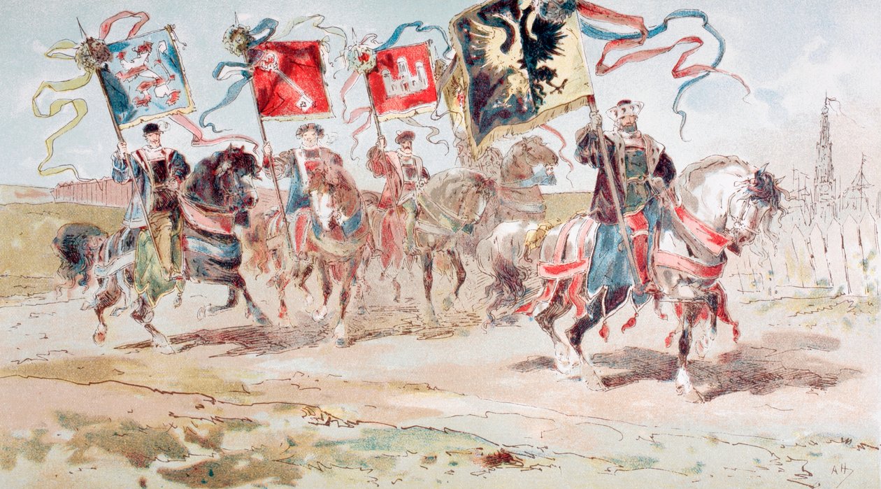 فرسان يحملون لافتات الرابطة الهانزية والمدن التابعة للدوري ، القرن السادس عشر ، 1886 بواسطة أرماند جان هاينز