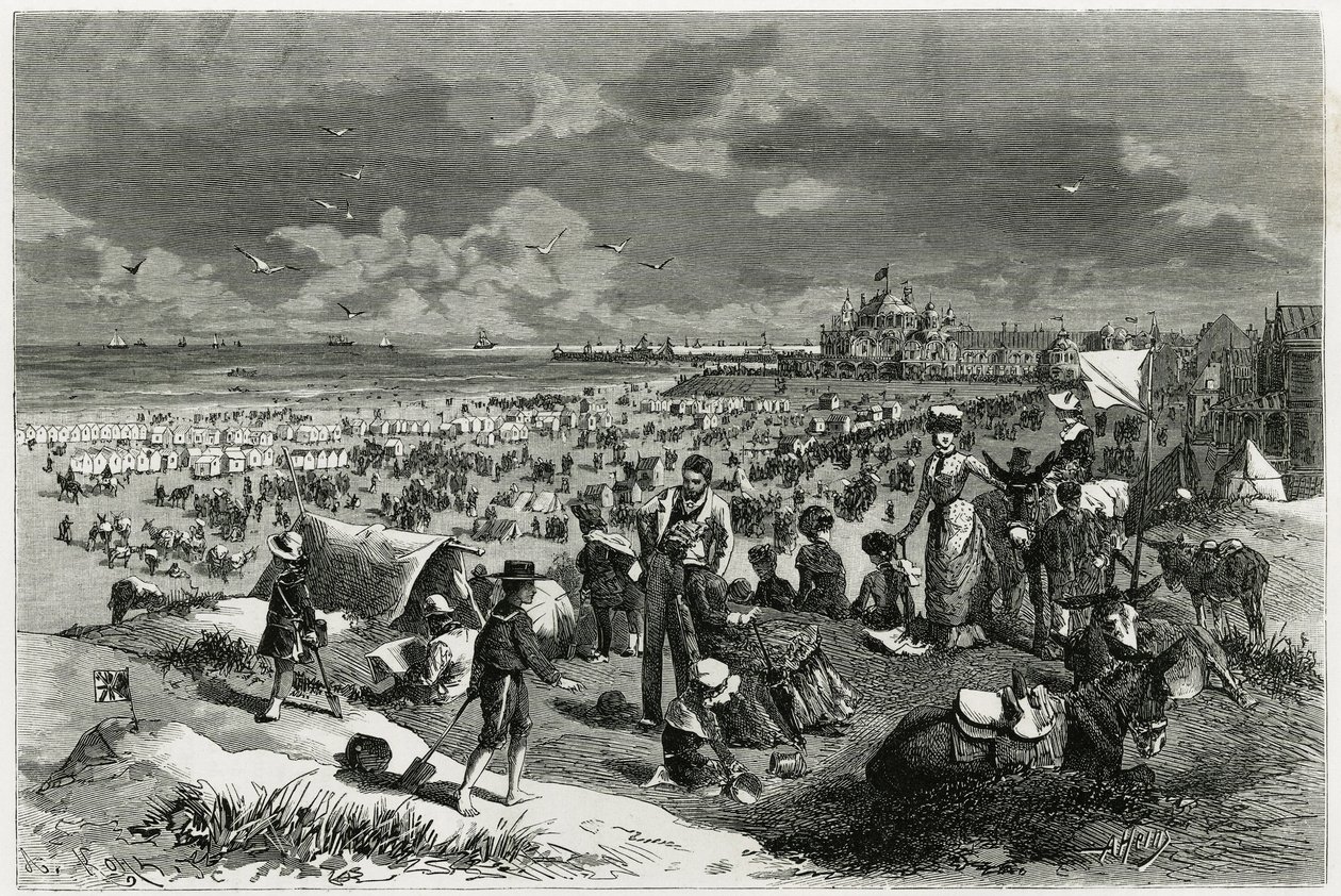 أوستند بيتش. نقش بواسطة أ. هاينز لتوضيح قصة "La Belgique" للكاتب كاميل ليمونير (1844-1913) ، الكاتب والناقد الفني. نُشر في مجلة Tour du monde new des voyages بواسطة أرماند جان هاينز
