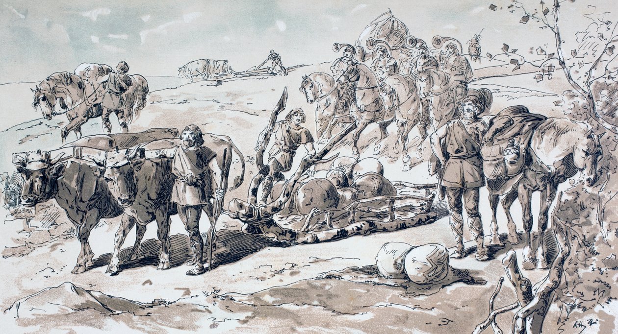 ثيران يرسم زلاجة بدائية محملة بالصخور ، 1886 بواسطة أرماند جان هاينز