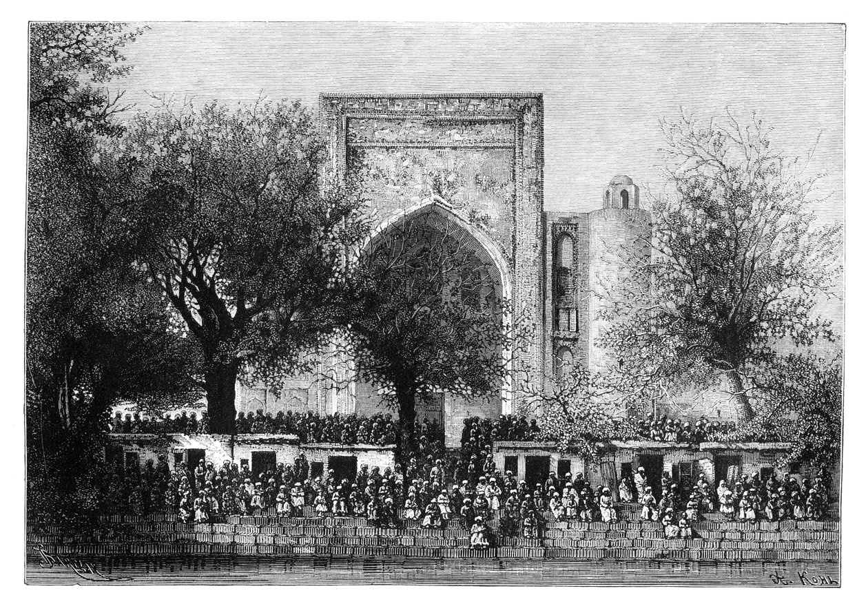 تجمع قبل المسجد في بخارى ، أوزبكستان ، 1895. بواسطة أرماند كول