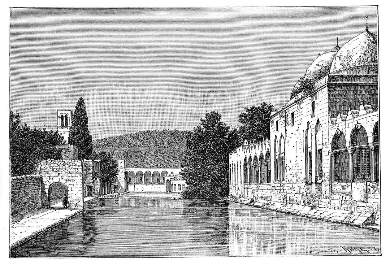المسجد ونافورة إبراهيم ، عوفرة الطيبة ، الضفة الغربية ، إسرائيل ، 1895. بواسطة أرماند كول