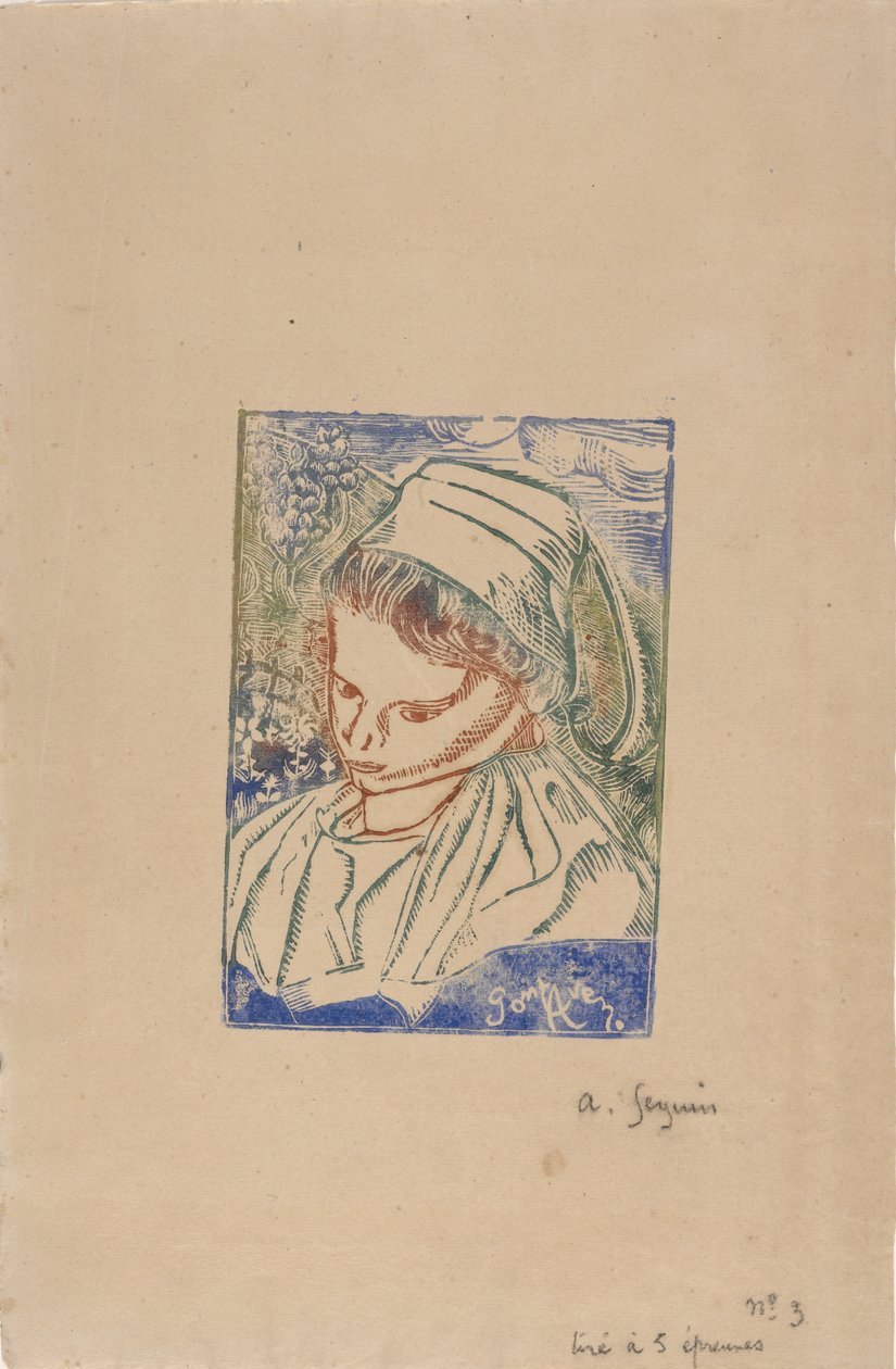 بريتون دي بونت آفين (امرأة بريتونية من بونت أفين) حوالي عام 1896 (نقش خشبي مع تلوين دمية) بواسطة أرماند سيجين