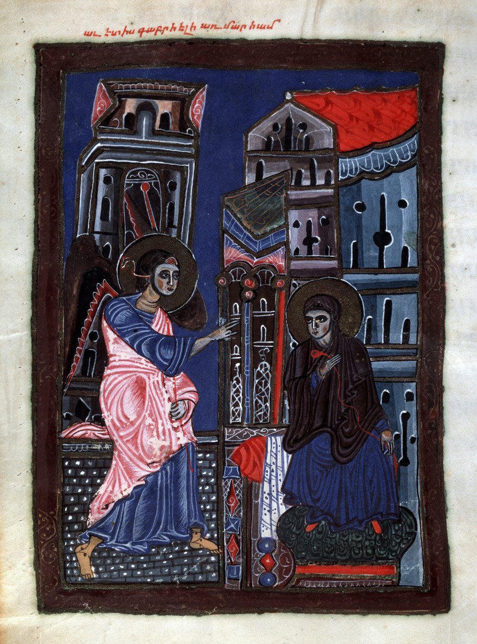 البشارة. رئيس الملائكة جبرائيل يزور مريم العذراء. إضاءة من قبل سيد Codex Matenadaran (القرن الثالث عشر) ، مصغر ، ألوان مائية على رق بواسطة المدرسة الأرمنية
