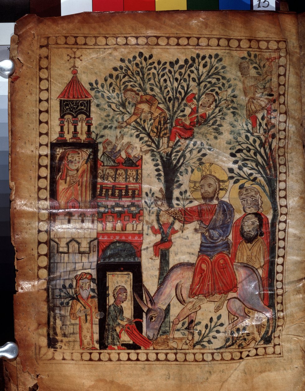 دخول السيد المسيح إلى القدس (إسرائيل). إضاءة من قبل سيد Codex Matenadaran (القرن الثالث عشر) ، مصغر ، ألوان مائية على رق بواسطة المدرسة الأرمنية
