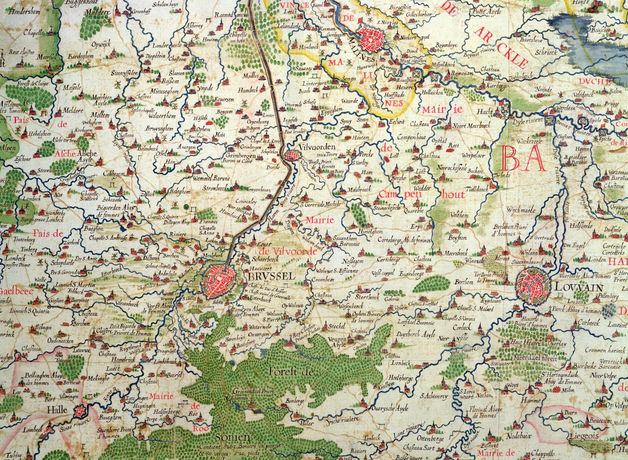 خريطة بلجيكا في وقت حرب الثلاثين سنة (1618-1648) ، من "مسرح ديس غوارس إنتري ليه روا دي إسبان إي ليه إستاتس دي هولاند" (المعروف باسم "أطلس دي ريشيليو") بواسطة أرنولد فلوران فان لانجرين