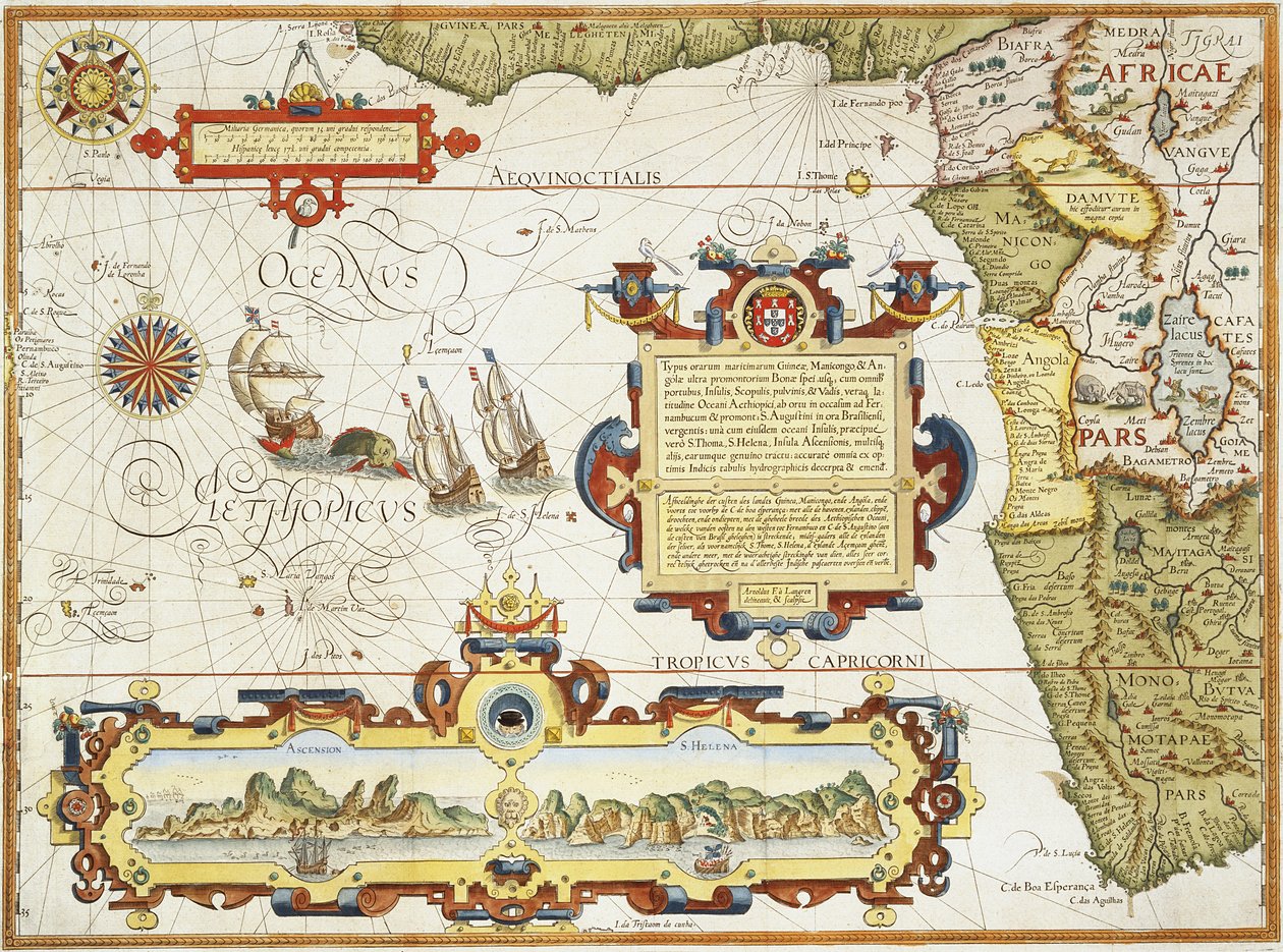خريطة لساحل غرب إفريقيا ، 1596 (نقش ملون باليد) بواسطة أرنولد فلوران فان لانجرين