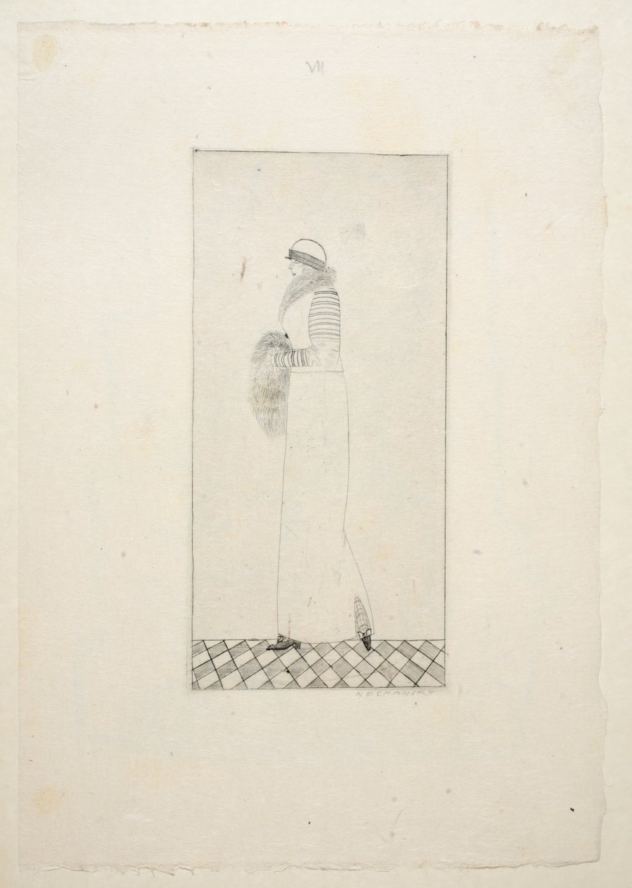 تصميم لباس نهاري ، اللوحة 7 ، الكتاب 1 ، رسم توضيحي من Wiener Werkstatte Mode 191415 ، حانة. إدوارد كوسماك ، فيينا ، 1914-1915 (لينوكوت ملون باليد) بواسطة أرنولد نيتشانسكي