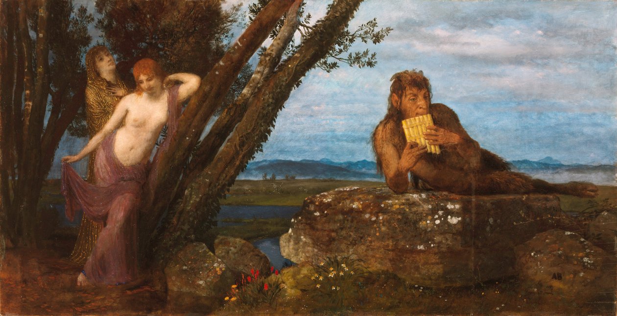 "Soiree de Printemps" (أمسية الربيع) يعزف بان على الناي مستلقياً على صخرة ، بينما يتكئ اثنان من نيريدين ببراعة على جذوع الأشجار - رسم لأرنولد بوكلين (1827-1901) 1879 Szepmuveszeti Muzeum ، بودابست بواسطة أرنولد بوكلين