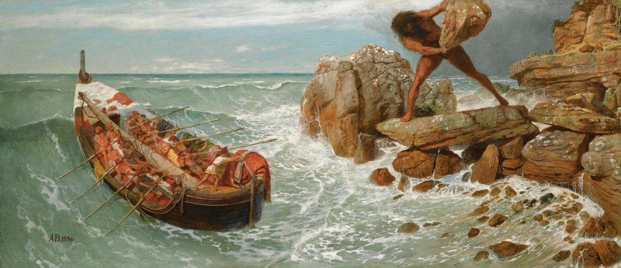 ملحمة هوميروس: "Ulysse et Polypheme" (Odysseus and Polyphemus) لوحة لأرنولد بوكلين (بوكلين) (1827-1901) 1896 زيت على خشب خافت 66x150 سم مجموعة خاصة بواسطة أرنولد بوكلين