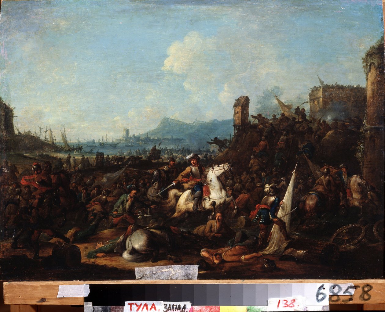 حصار لاروشيل ، أكتوبر 1628 (حصار لاروشيل في أكتوبر 1628). رسم لأرنولد فرانس روبنز (1687-1719). زيت على خشب ، 39.5 × 57 سم. الفن الفلمنكي ، على الطراز الباروكي. متحف الدولة للفنون ، تولا (أو تولان). بواسطة أرنولد فرانس روبنز