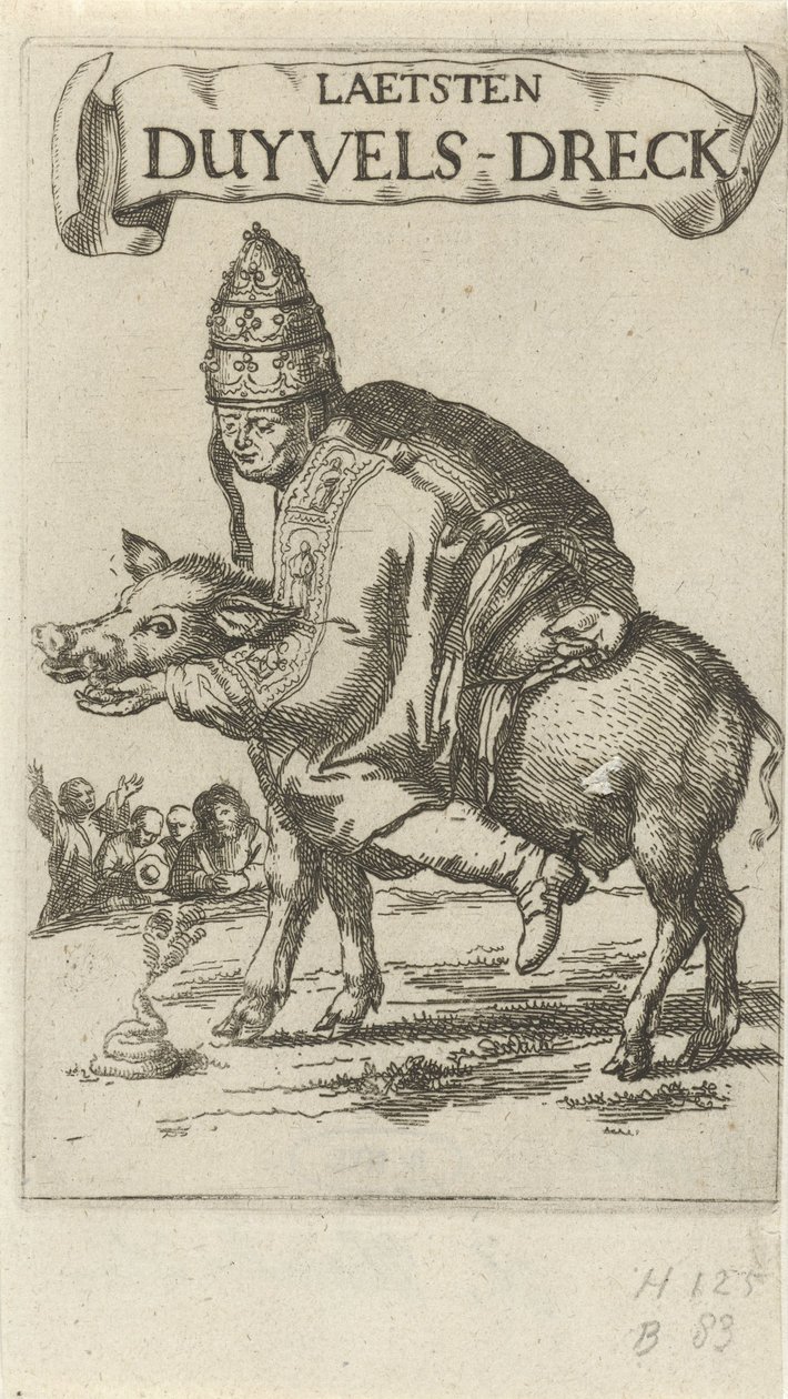 البابا على خنزير صفحة العنوان لـ: J. Lydius، Laetsten duyvels-dreck، 1687 بواسطة أرنولد هوبراكن