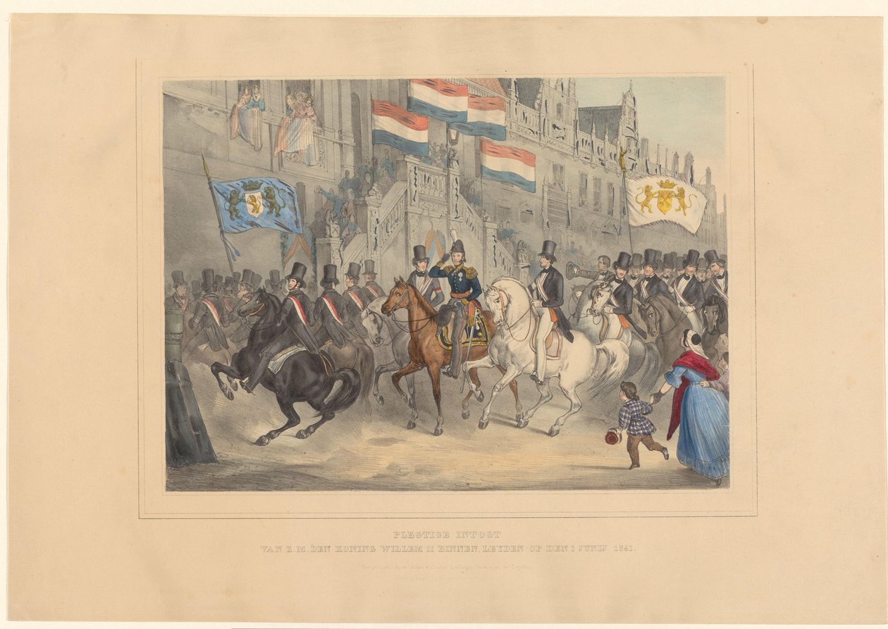 دخول الملك ويليام الثاني إلى ليدن ، 1841 رسمي Intogt من جلالة الملك دن كونينغ ويليم الثاني في ليدن في 1 يونيو 1841 (العنوان على الكائن) بواسطة Arnz وشركاه.