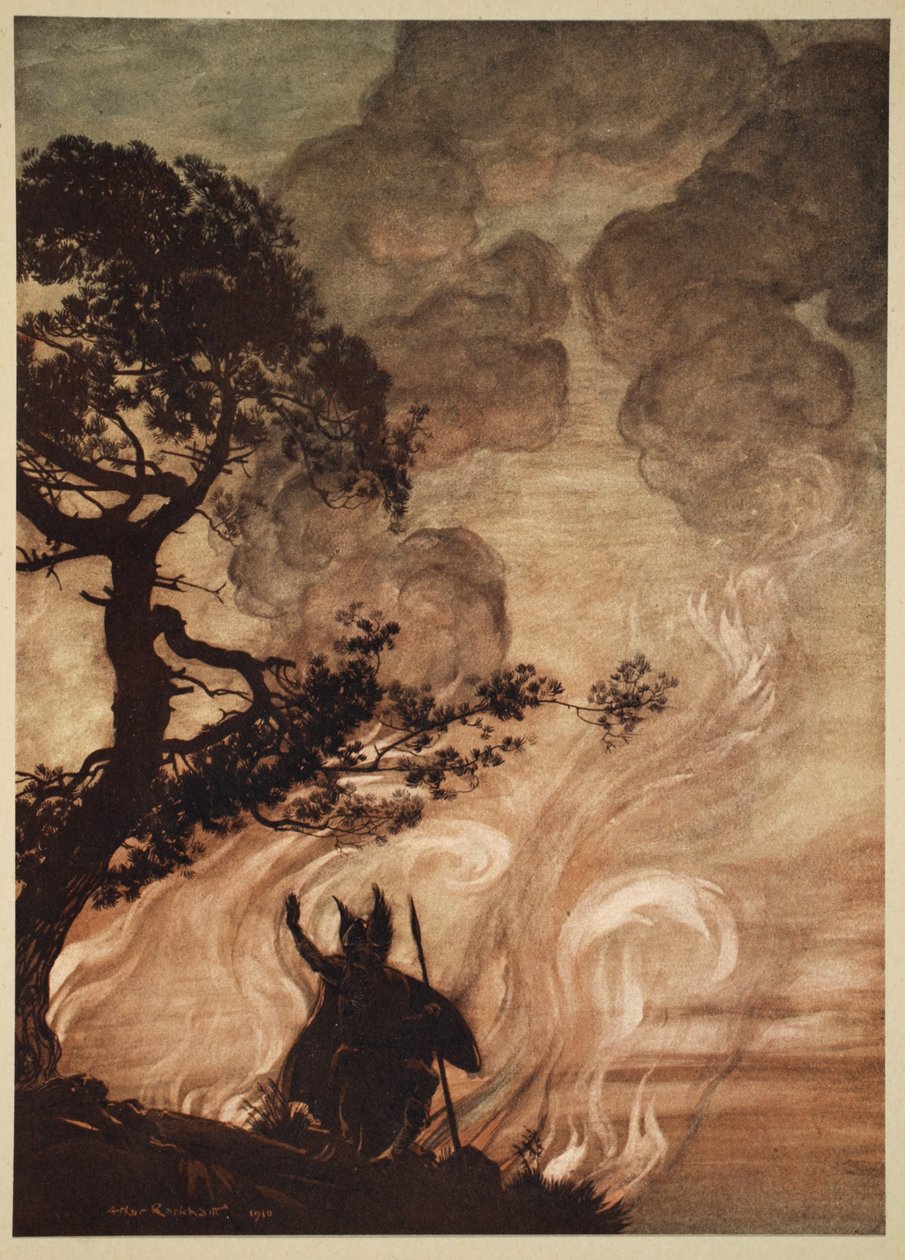 بينما يبتعد ببطء ، يتحول Wotan وينظر بحزن إلى Brunnhilde ، التوضيح من "The Rhinegold and the Valkyrie" ، 1910 بواسطة آرثر راكهام