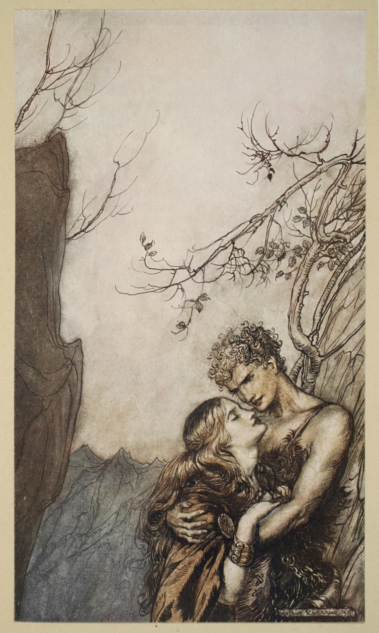 Brunnhilde تلقي نفسها في ذراعي Siegfried ، التوضيح من "Siegfried وشفق الآلهة" ، 1924 بواسطة آرثر راكهام