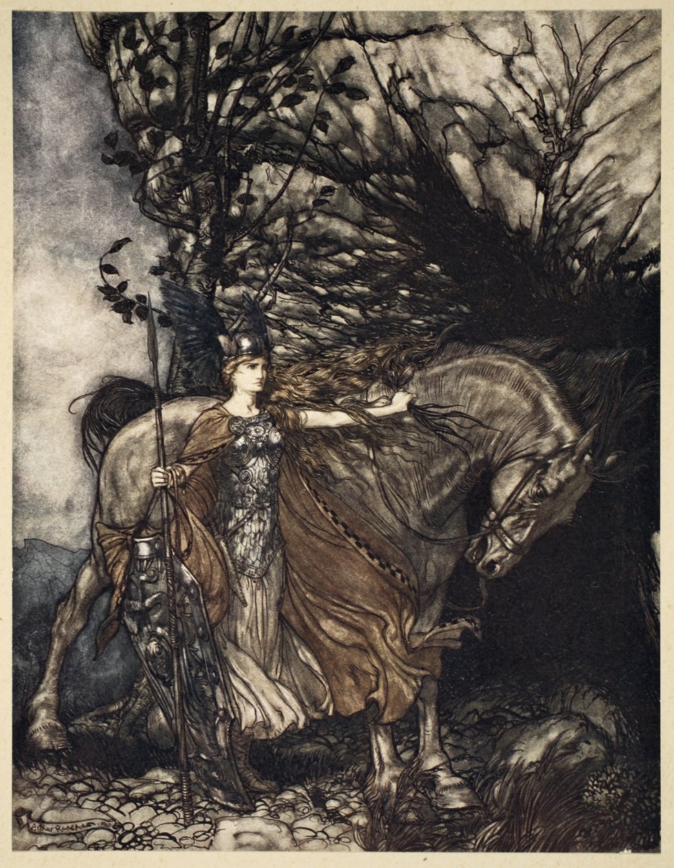 Brunnhilde مع حصانها عند فم الكهف ، رسم توضيحي من "The Rhinegold and the Valkyrie" ، 1910 بواسطة آرثر راكهام