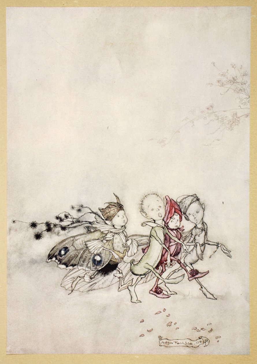أدخل Peasebottom و Cobweb و Moth و Mustardseed ، رسم توضيحي من "حلم ليلة منتصف الصيف" بقلم ويليام شكسبير ، 1908 بواسطة آرثر راكهام