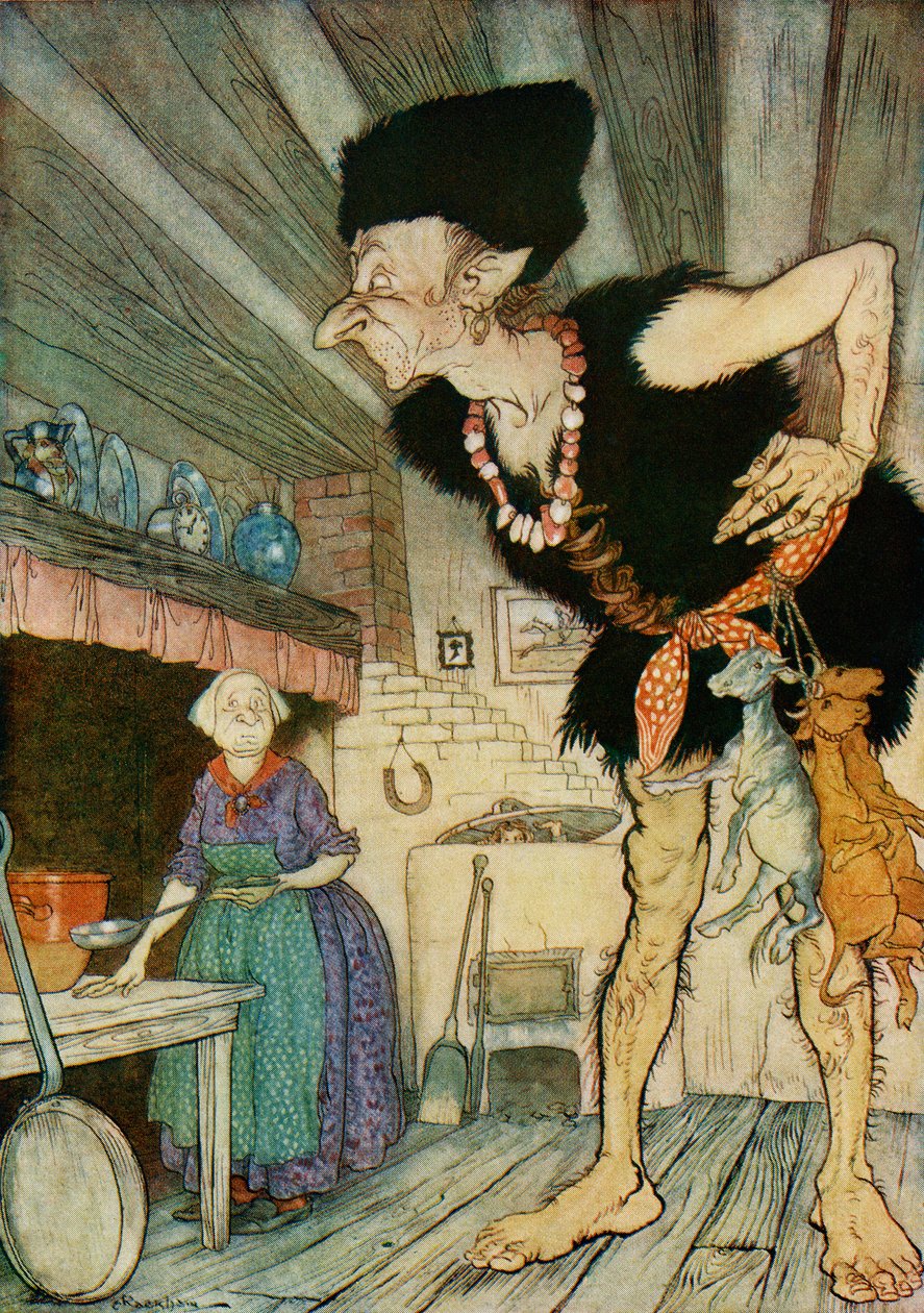 Fee fi fum أنا أشم دم إنجليسمان ، رسم توضيحي من جاك وشجرة الفاصولياء من حكايات الإنجليزية الخيالية التي أعادتها FA Steel ، 1927 بواسطة آرثر راكهام