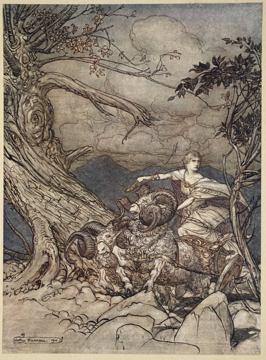 تقترب فريكا في الغضب ، التوضيح من `` The Rhinegold and the Valkyrie &39;&39; ، 1910 بواسطة آرثر راكهام