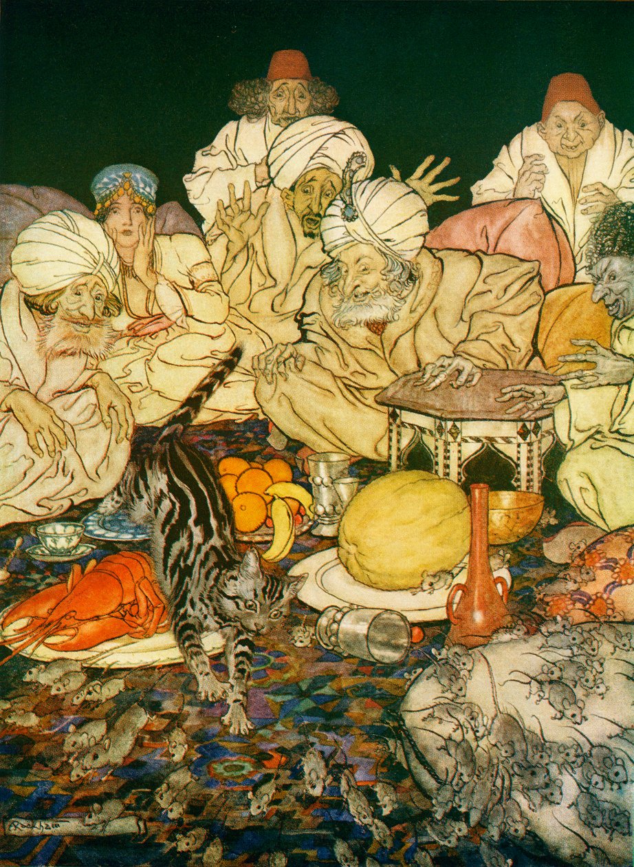 رسم توضيحي لديك ويتنغتون وقطته ، من حكايات الإنجليزية الخيالية التي أعاد سردها FA FA ، 1927 بواسطة آرثر راكهام
