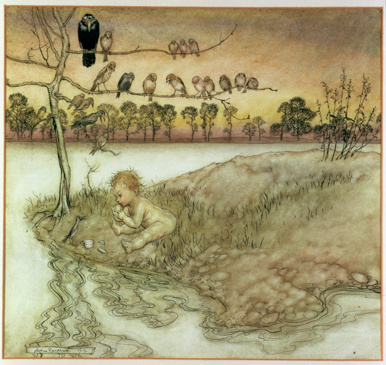 رسم توضيحي لـ "بيتر بان في حدائق كينسينغتون" بقلم جي إم باري ، 1912 بواسطة آرثر راكهام
