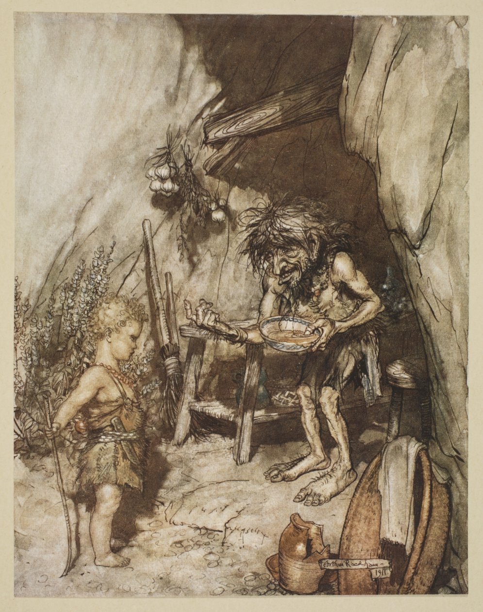 مايم والرضيع ، رسم توضيحي من "Siegfried وشفق الآلهة" ، 1924 بواسطة آرثر راكهام