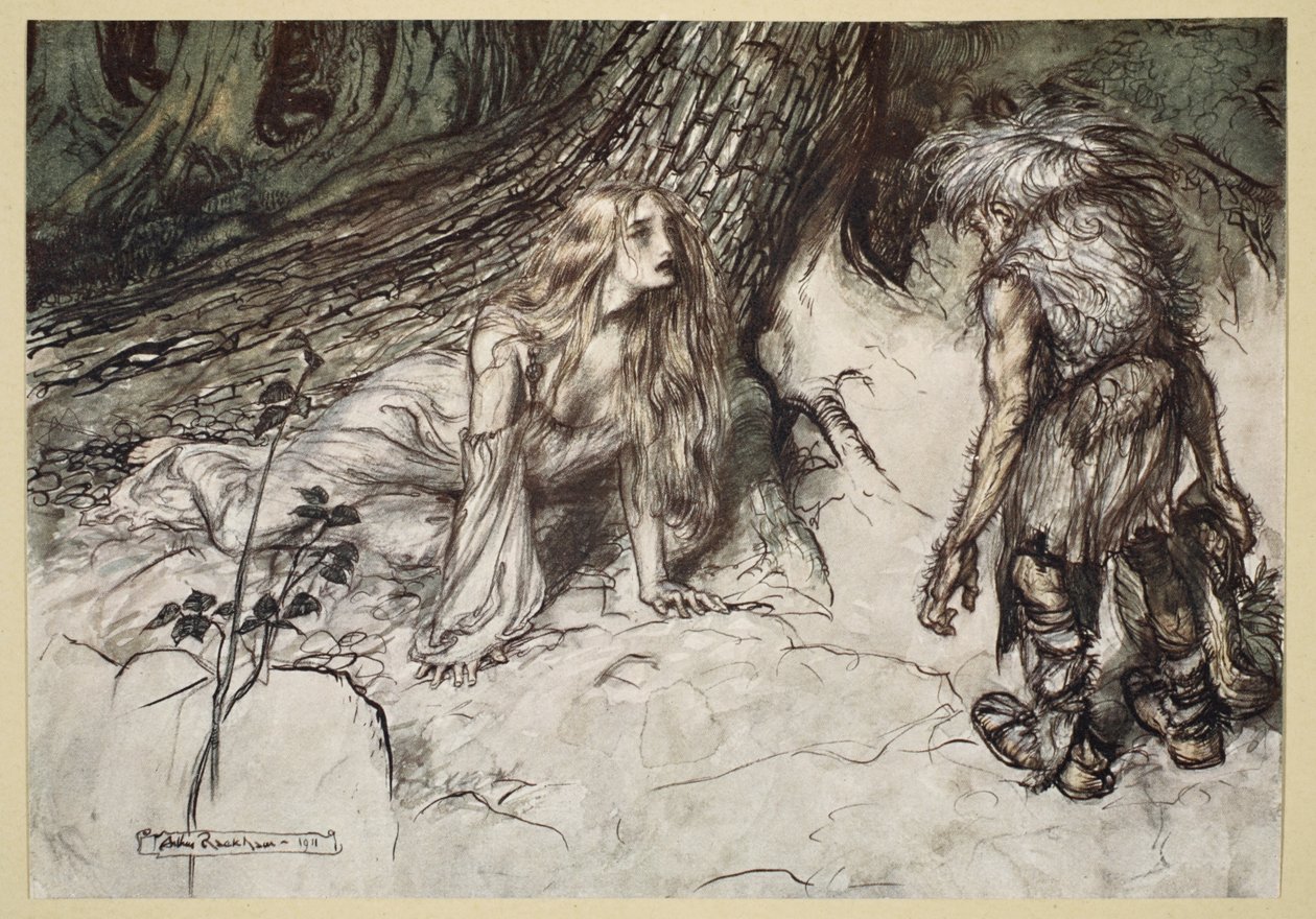 وجد مايم والدة سيغفريد في الغابة ، رسم توضيحي من "سيغفريد وشفق الآلهة" ، 1924 بواسطة آرثر راكهام
