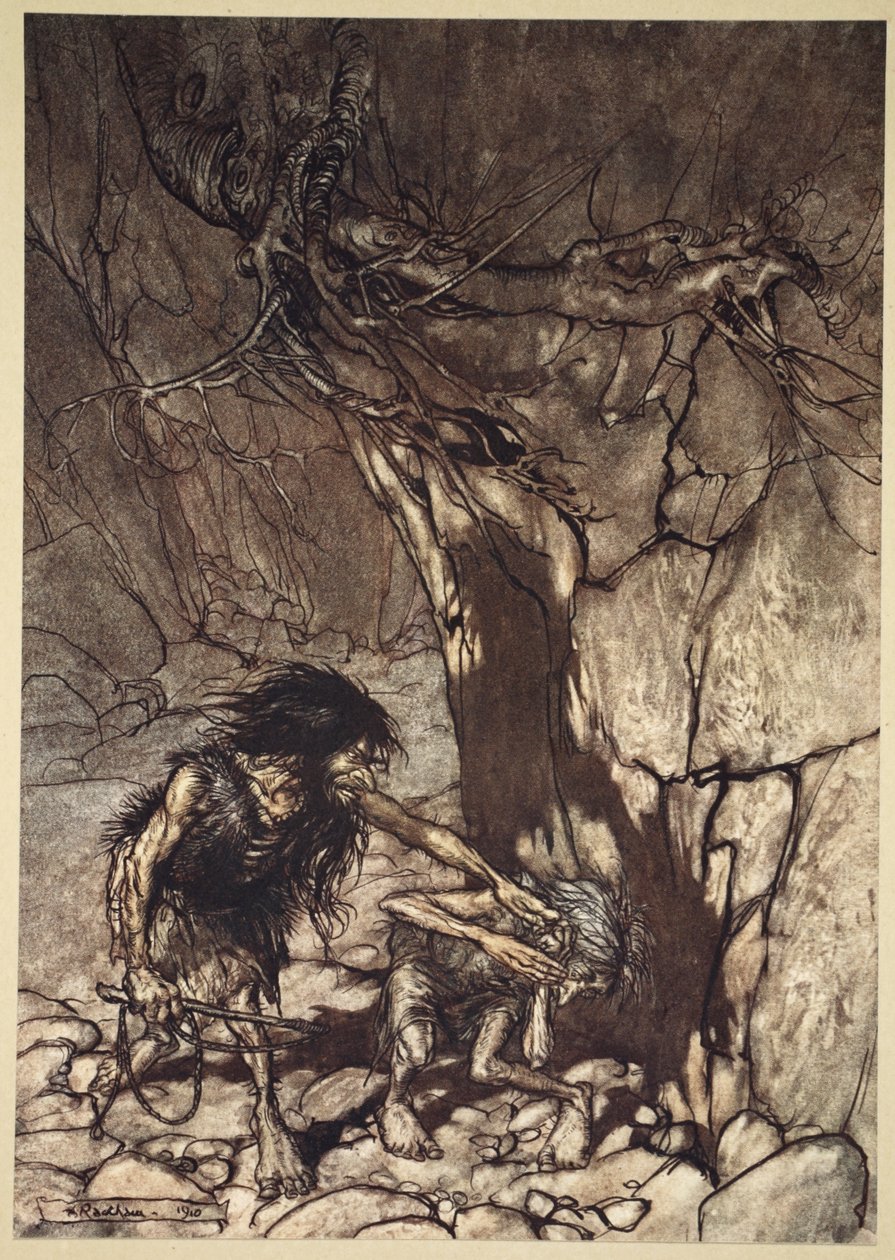 مايم عواء "أوه! أوه! يا! أوه! &39;، توضيح من&39; The Rhinegold and the Valkyrie &39;، 1910 بواسطة آرثر راكهام