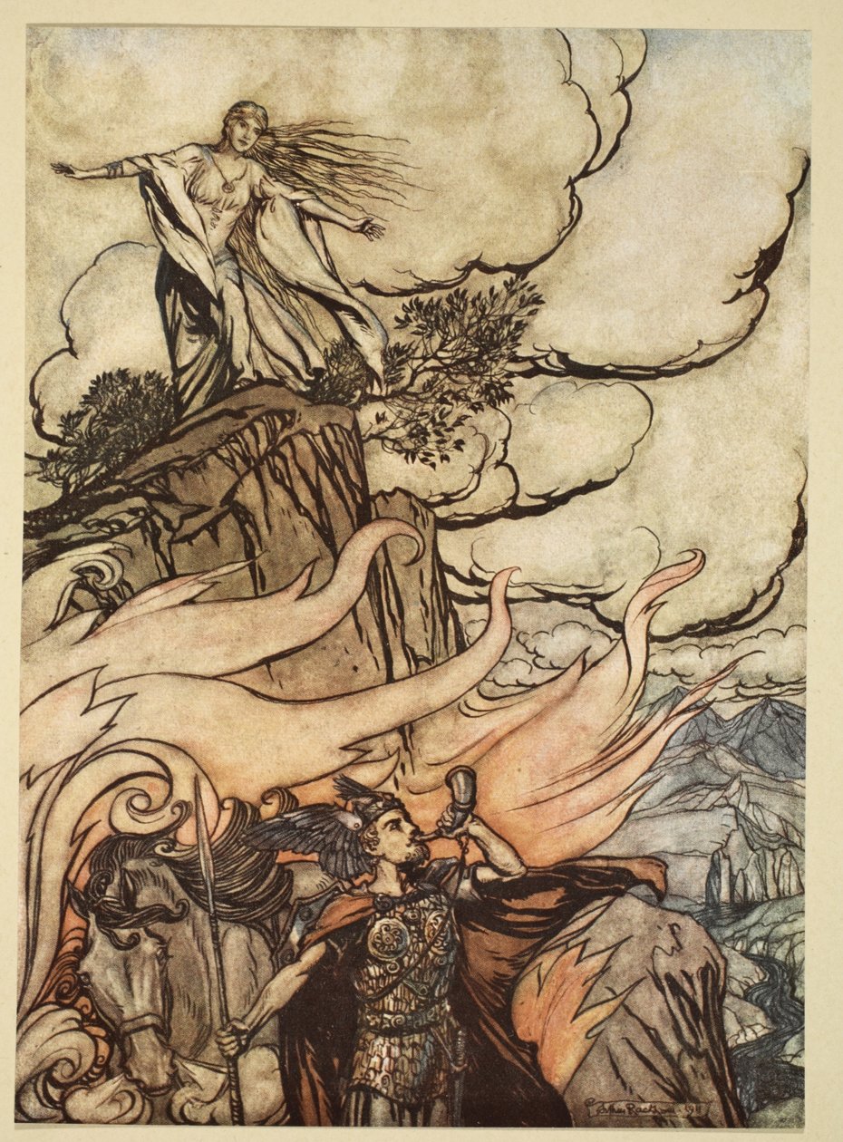 سيغفريد يغادر برونهيلد بحثًا عن المغامرة ، رسم توضيحي من "سيغفريد وشفق الآلهة" ، 1924 بواسطة آرثر راكهام