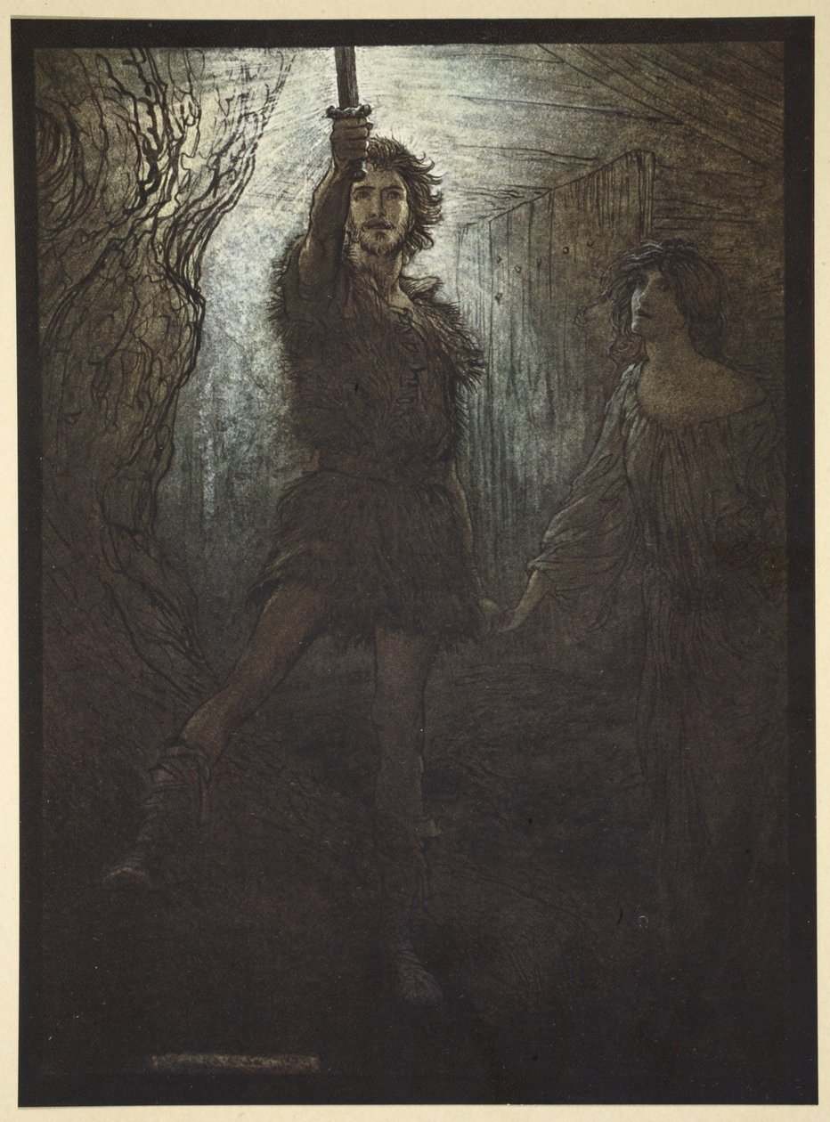 "Siegmund the Walsung أنت ترى! كهدية للعروس ، أحضر لك سيفه ، رسم توضيحي من "The Rhinegold and the Valkyrie" ، 1910 بواسطة آرثر راكهام