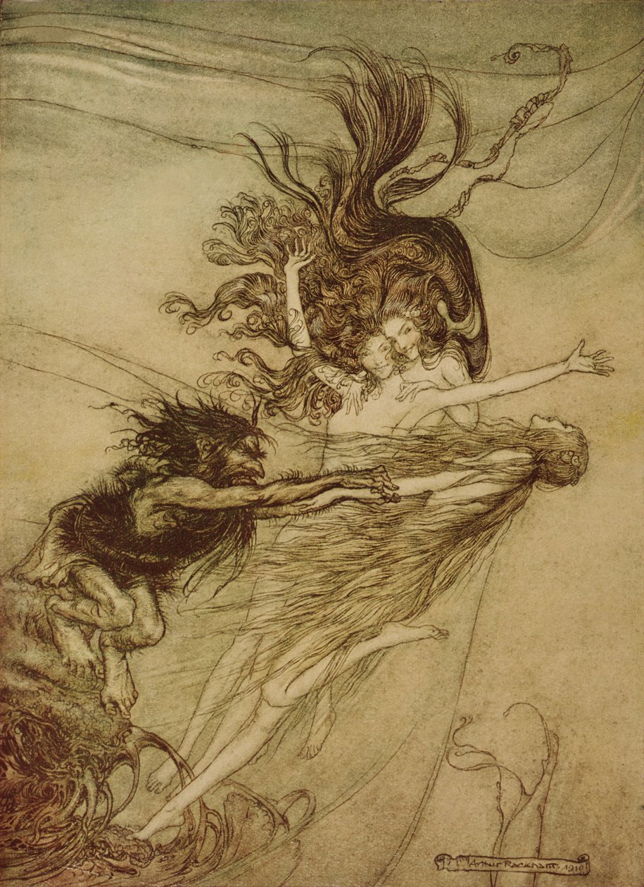 The Rhinemaidens يضايق Alberich من "The Rhinegold and The Valkyrie" بقلم ريتشارد فاجنر ، 1910 بواسطة آرثر راكهام