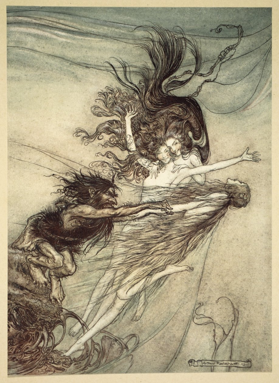 The Rhinemaidens إغاظة Alberich ، التوضيح من "The Rhinegold and the Valkyrie" ، 1910 بواسطة آرثر راكهام