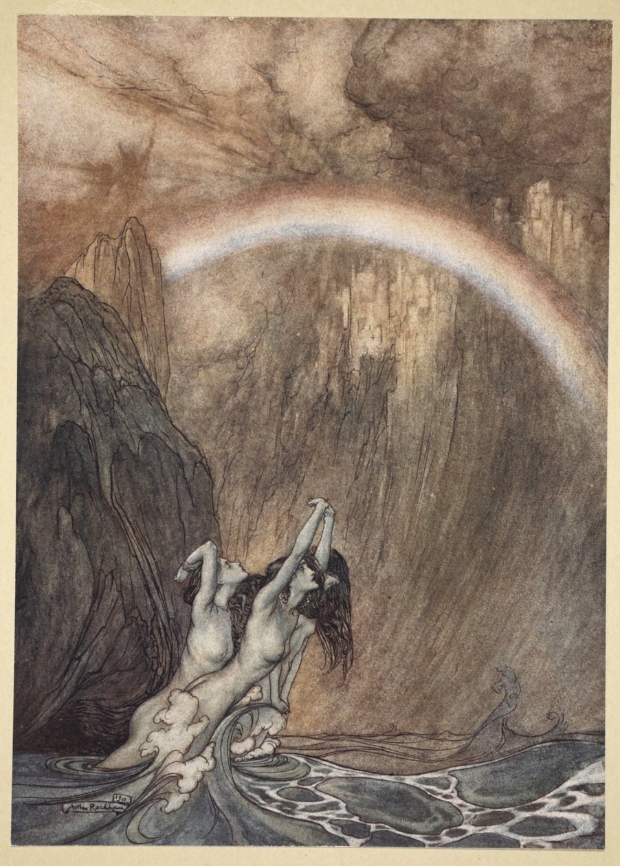 أطفال نهر الراين العادل ، وهم يبكون ذهبهم المفقود ، يبكون ، رسم توضيحي من &39;The Rhinegold and the Valkyrie&39; ، 1910 بواسطة آرثر راكهام